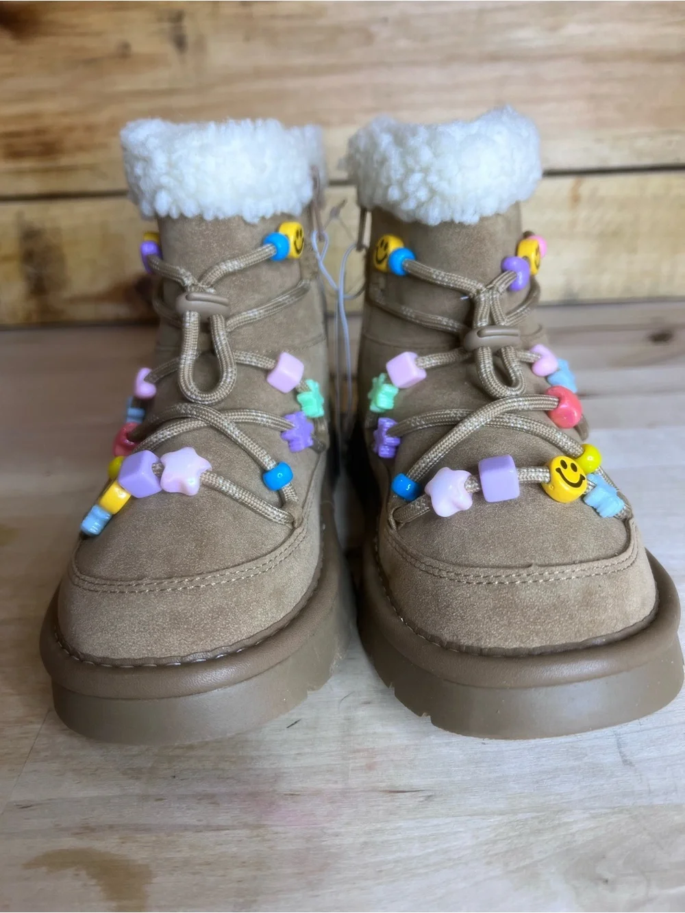 Art Class Char Girls' Faux-Sherpa Beaded Lace-Up Boots NWT Size 13